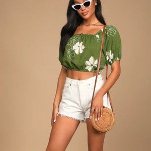 NTW Billabong Sun City Green Floral Print Puff Sleeve Crop Top